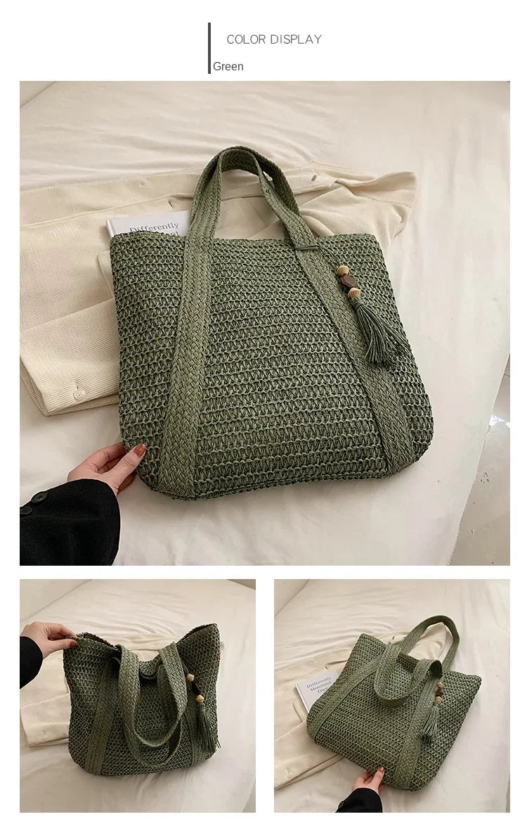 Elegant Ladies Straw Woven Handbag Women Holiday Beach Commute Casual Tote Top-Handle Bags Fashion Retro Shoulder Bags 2024 Quick Pick Grocers