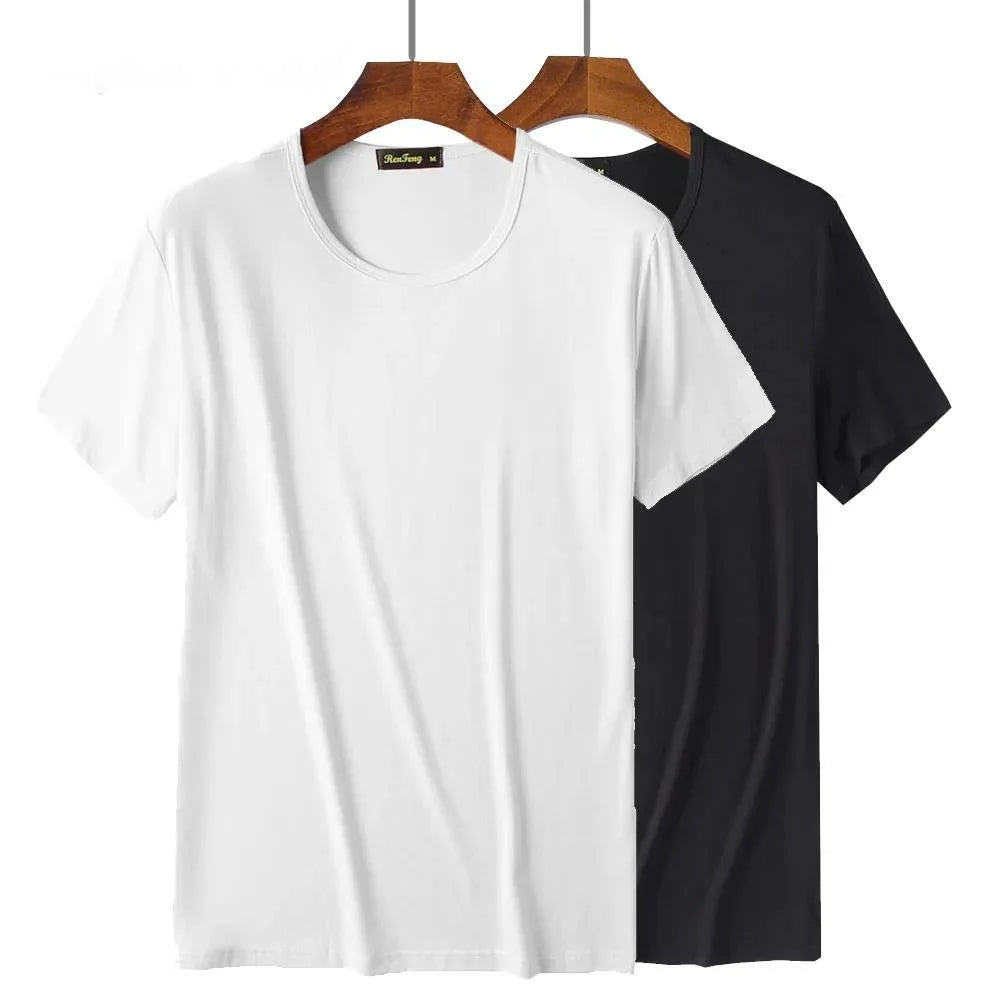 2 Packs Bamboo Fiber Round Neck T-shirts Short Sleeve Classic Tees Sweat-absorbent Gym Man Undershirt Solid Color Tee Black New Quick Pick Grocers