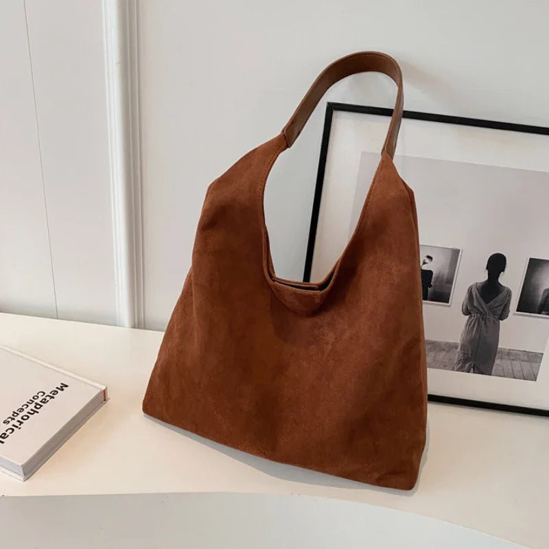 Autumn and Winter Vintage Women's Bag Large Capacity Suede Shoulder Bag Solid Color Simple Casual Commuter Bag Retro Handbags Quick Pick Grocers
