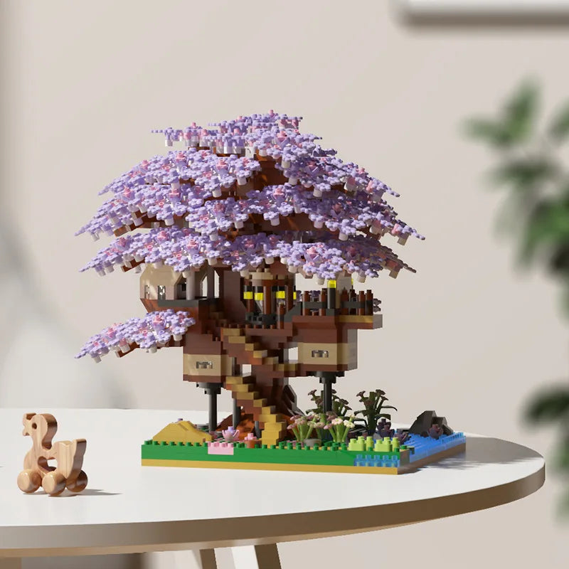 Pink cherry tree house building micro-particle building block classic model girl series difficult assembly toys Purest Peak Salt