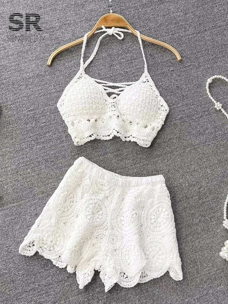 SINGREINY Knit Two Piece Sets Women Summer Vacation Backless Camisole Elastic Waist Shorts Hollow Out Y2K Beach Style Suits Quick Pick Grocers