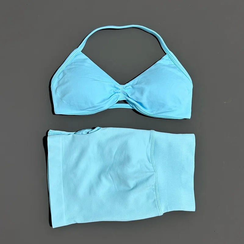 HISTELLO Gym Set 2 Piece Women Strappy Yoga Bra Top Workout Scrunch Shorts Sports Suit Fitness Clothes Seamless Yoga Set Quick Pick Grocers