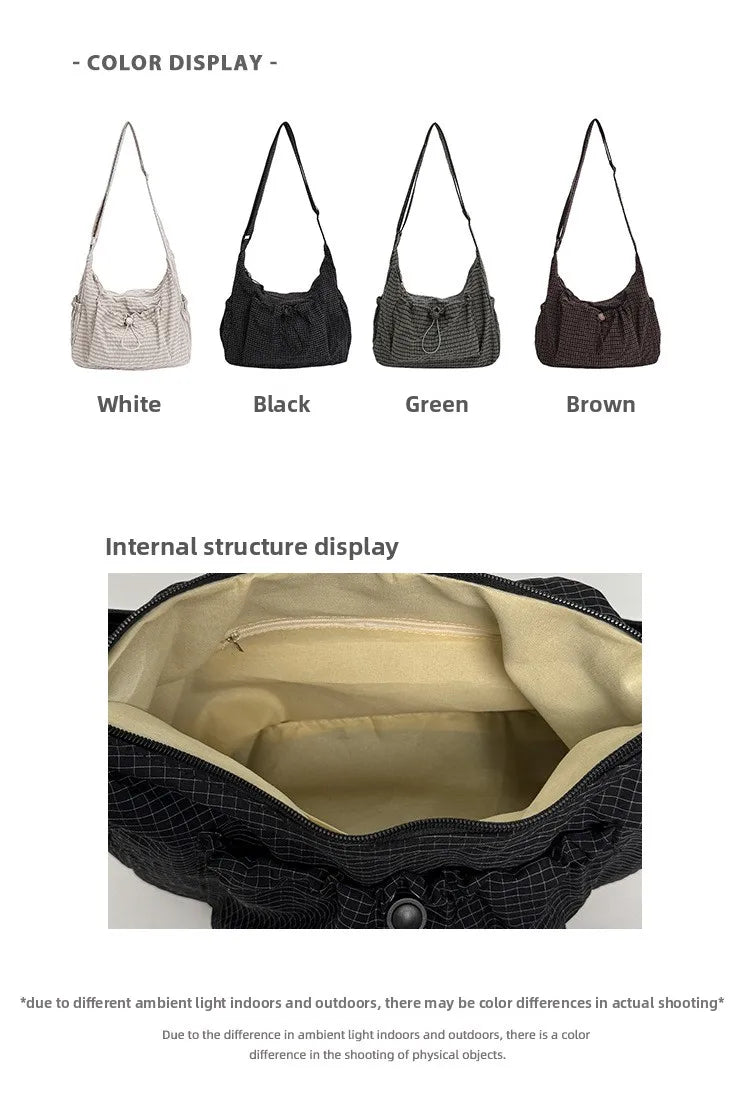 Korean Nylon Shoulder Bags Fashion Simple Plaid Zipper Tote Drawstring Pleated Cloud Bags New Commuter Crossbody Shoulder Bag Quick Pick Grocers
