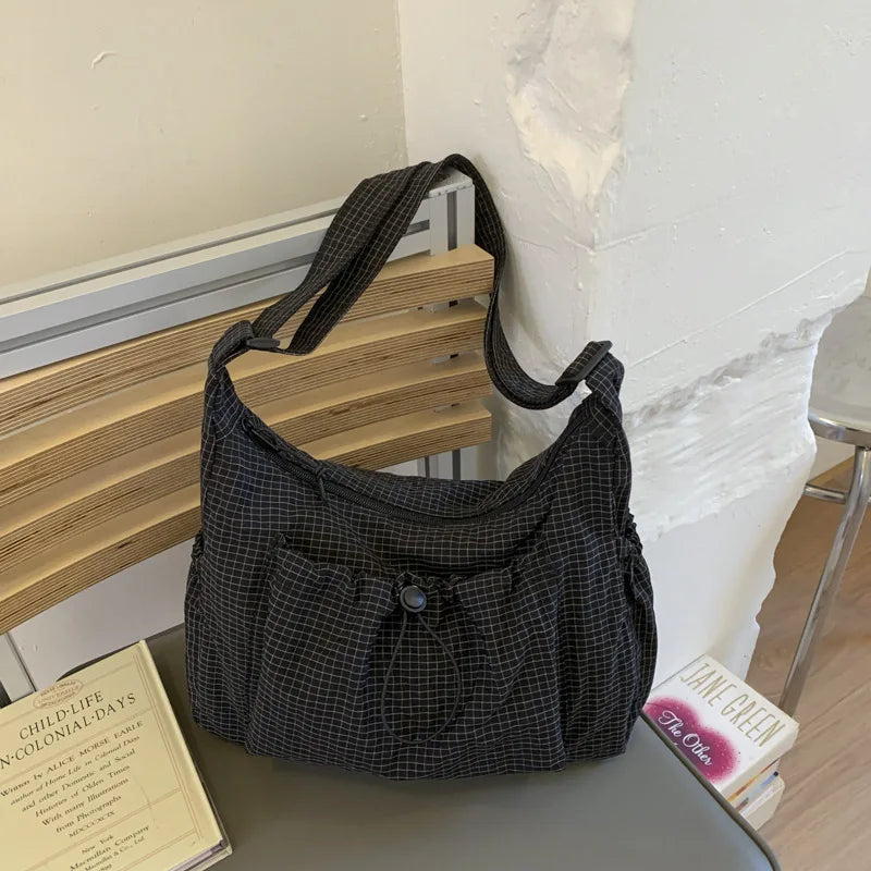Korean Nylon Shoulder Bags Fashion Simple Plaid Zipper Tote Drawstring Pleated Cloud Bags New Commuter Crossbody Shoulder Bag Quick Pick Grocers