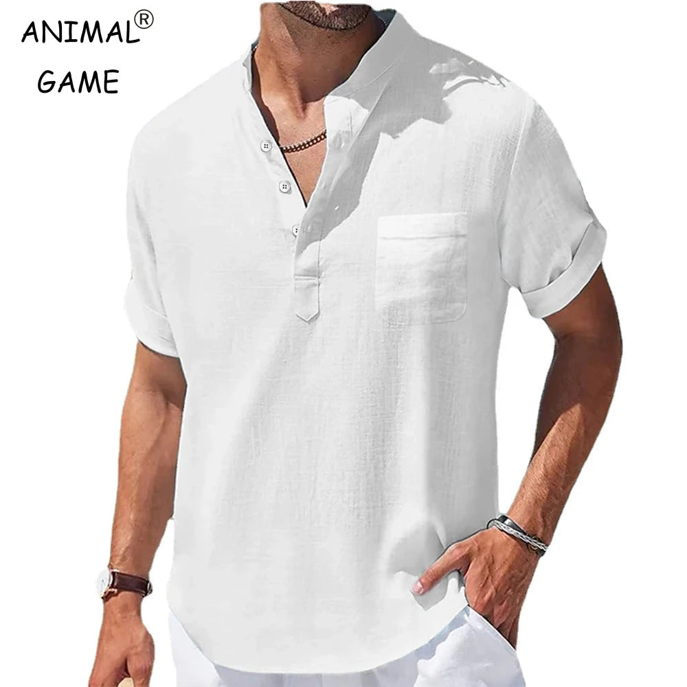 New Men's Casual Stand Up Collar Summer Solid Color Short Sleeve Linen Shirt Trendy Breathable Loose Youth Basic Pocket Top Quick Pick Grocers