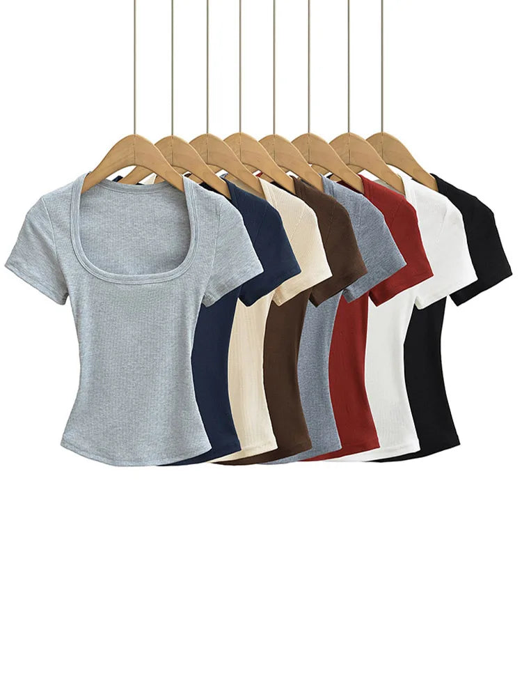 Women's Slim Fit Square Collar Crop Top High Stretch Short Sleeve Pullover Sexy Summer Blouse T-shirt for Bottoming Quick Pick Grocers