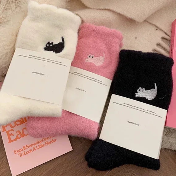 3Pairs Premium Feel Cute Cat Cozy Hairy Mink Velvet Socks Autumn Winter Hosiery Thickened Plush Warm Sleep Home Fluffy Socks Purest Peak