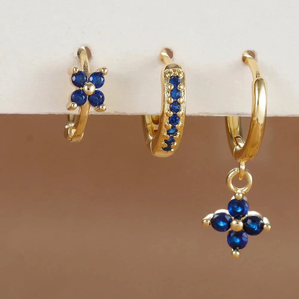 3PCS Fashion Orange Blue Zircon Hanging Earrings Set for Women Stainless Steel Flower Dangle Earring Piercing Jewelry Econic Blanks