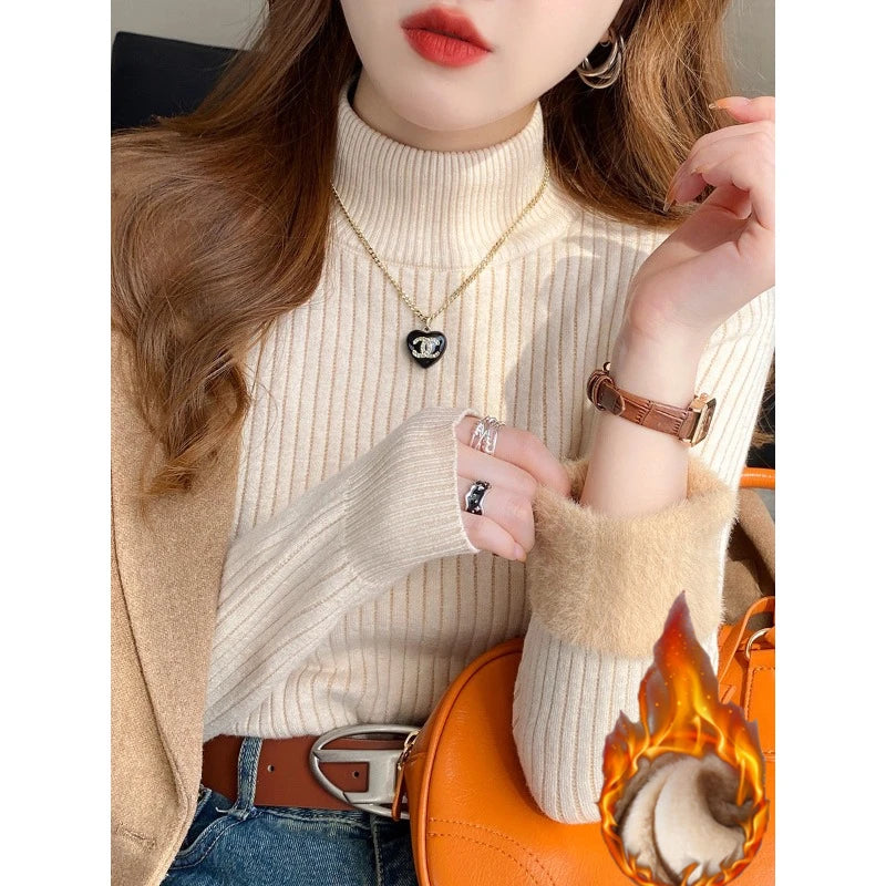 Women's Turtleneck Sweater Winter 2026 Retro with Velvet Lining Thickened Inner Wear Thermal Knitting Bottoming Shirt Pullovers Quick Pick Grocers