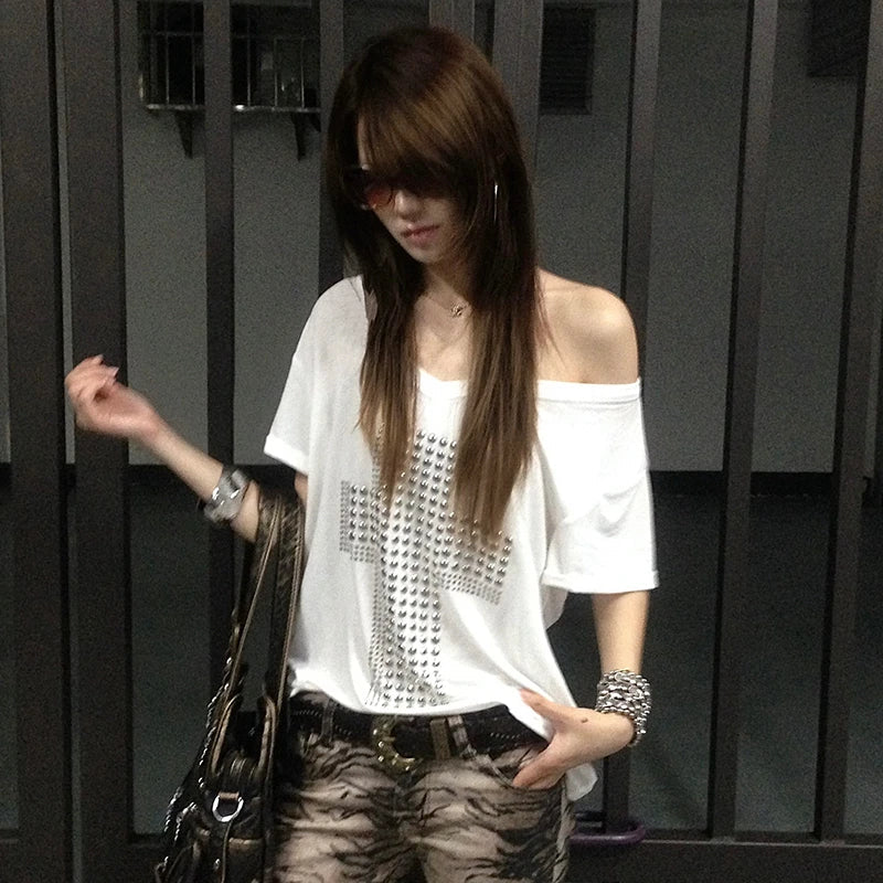 Karrram Japanese Y2k Metal Cross Print T-shirt Trashy 2000s V-neck Sheer Tops Vintage Harajuku Short Sleeve Streetwear Grunge Quick Pick Grocers