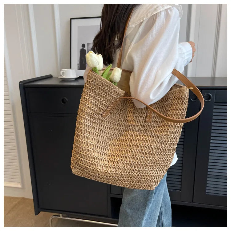 Hand-woven Women's Shoulder Handbag Bohemian 2025 Summer Fashion Straw Beach Tote Bag Travel Shopper Weaving Shopping Bags Quick Pick Grocers