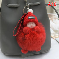 Pompom Sleeping Baby Keychain Cute Fluffy Plush Doll Keyholder Women Girl Bags Keyrings Cars Key Ring Gift Charming Decoration Quick Pick Grocers