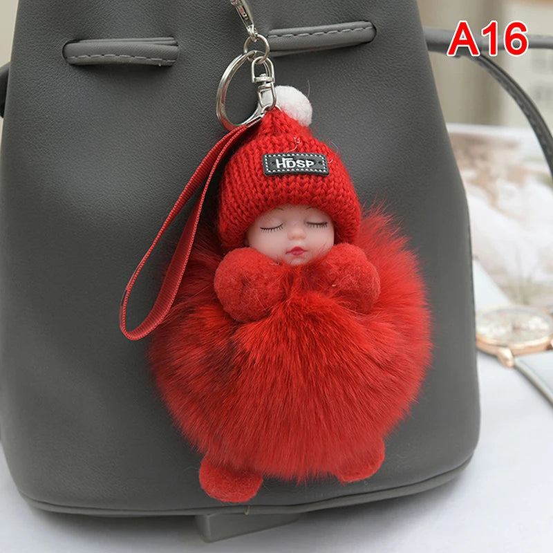 Pompom Sleeping Baby Keychain Cute Fluffy Plush Doll Keyholder Women Girl Bags Keyrings Cars Key Ring Gift Charming Decoration Quick Pick Grocers
