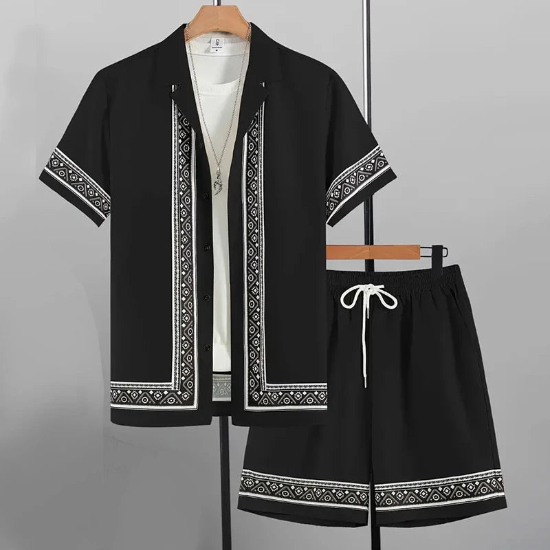 2024 New Men's Summer Holiday Suit Retro Textured Printed Border Shirt Short Sleeve Shorts Two Piece Men's Breathable Pool Suit Quick Pick Grocers