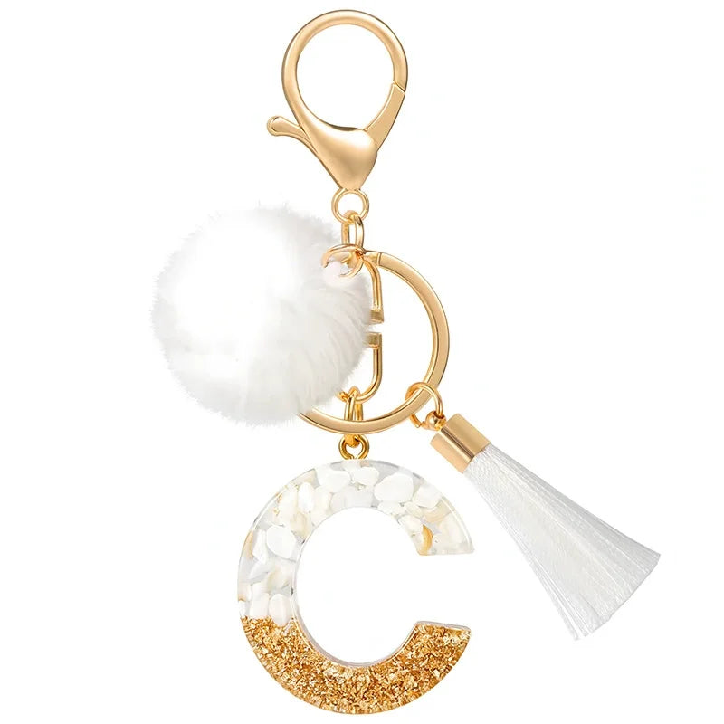 Creative Resin Initials White Fringe Fur Ball Women Keychain A-Z Letter Pendant Handbag Decor Car Key Ring Jewelry Gift Quick Pick Grocers