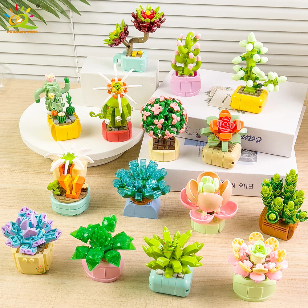 HUIQIBAO MOC Flower Succulent Potted Model Building Block DIY Eternal Bouquet Home Desk Plant Decor Brick Girl Gift Children Toy Quick Pick Grocers