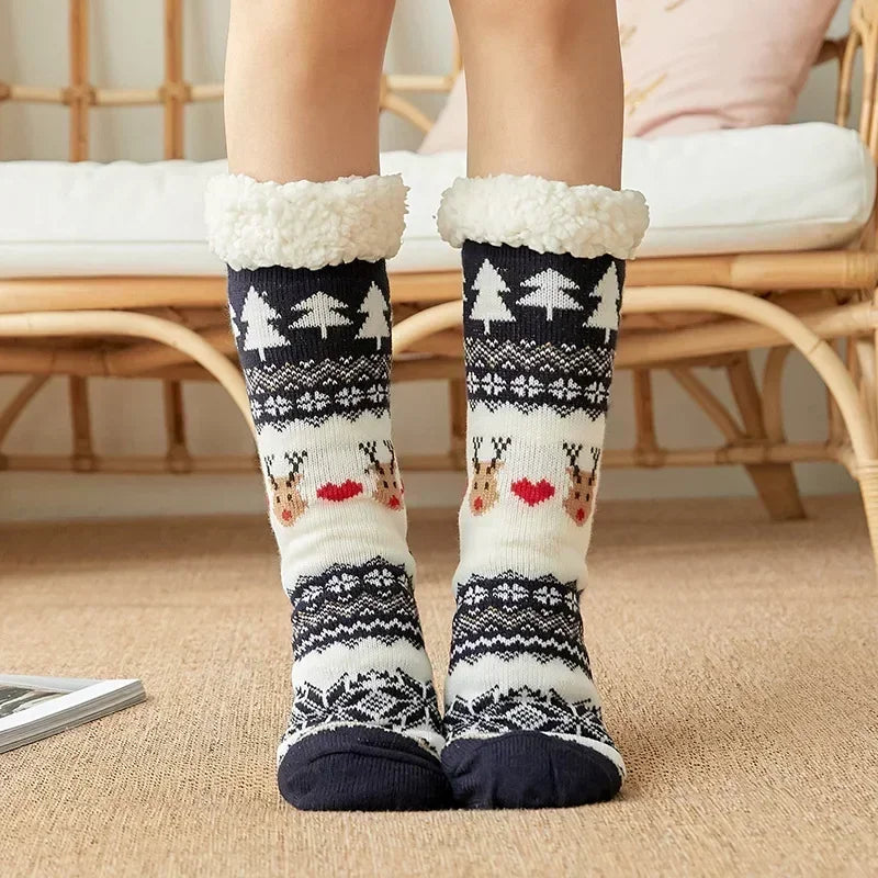 Christmas Gift Slipper Socks Women Thermal Winter Warm Plush Non slip Grip Sleeping Floor Short Sock Fuzzy Fluffy Female Cartoon Quick Pick Grocers