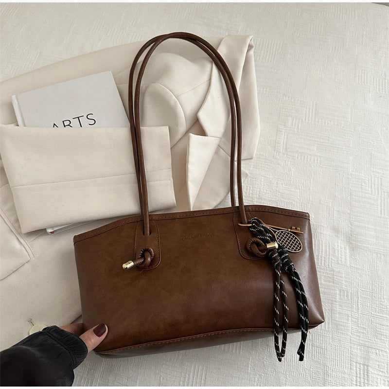 European American Retro Tote Bag, Korean Fashion Shoulder Bags Advanced Simple Handbag New Large Capacity Pendant Versatile Bags Quick Pick Grocers