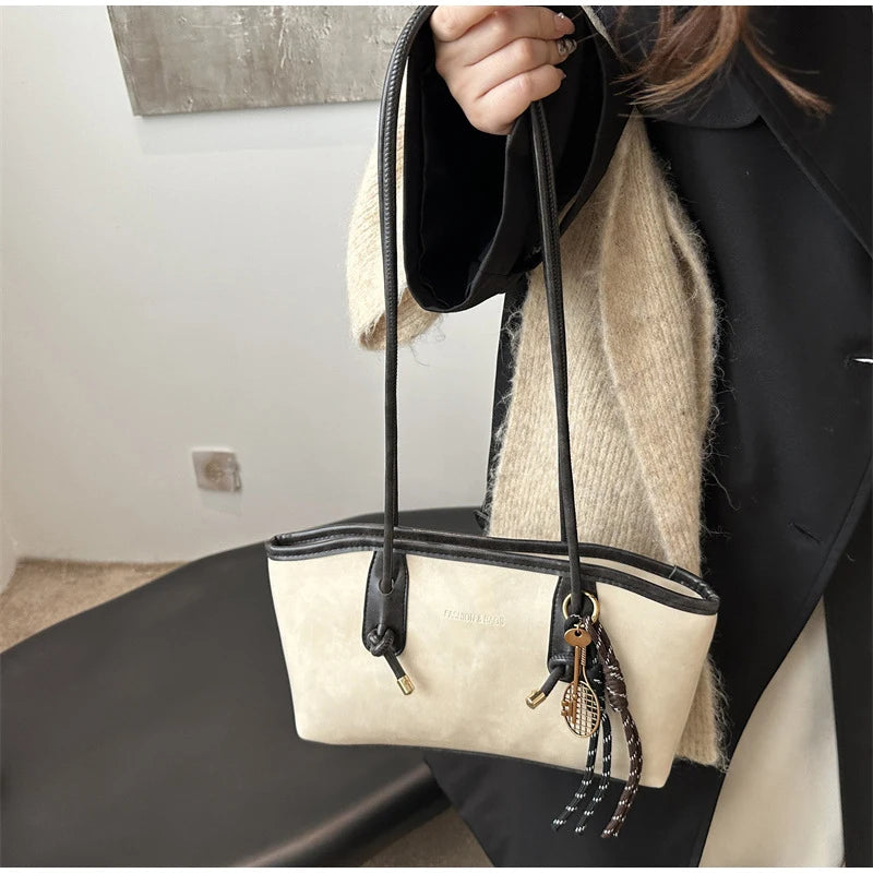 European American Retro Tote Bag, Korean Fashion Shoulder Bags Advanced Simple Handbag New Large Capacity Pendant Versatile Bags Quick Pick Grocers