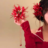 Retro Red Spider Lily Tassel Hair Clip Fabric Flower Hairpin Bride Hairwear Countryside Style Hair Accessories Quick Pick Grocers