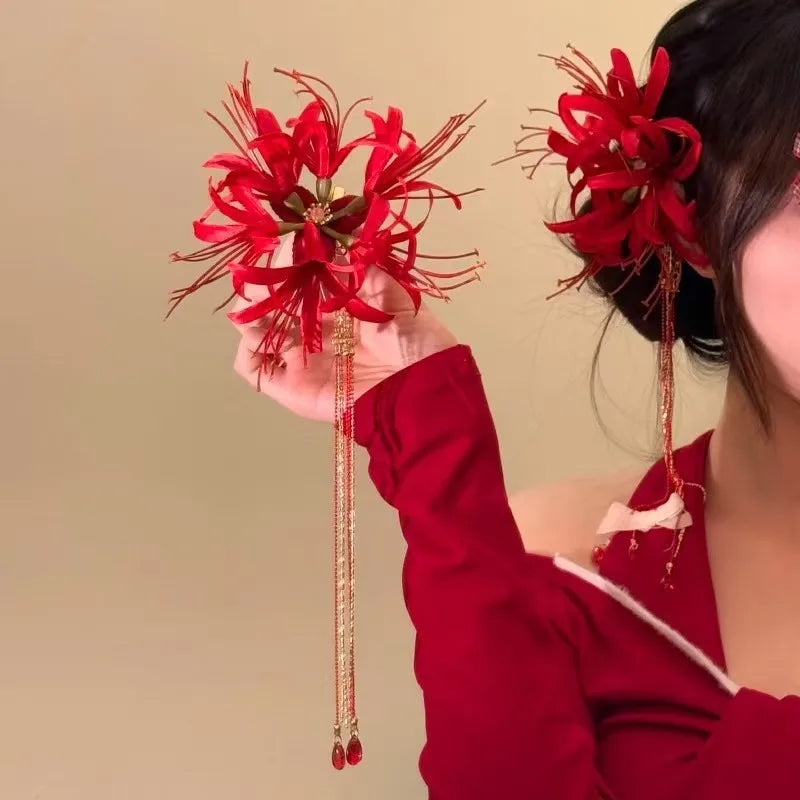Retro Red Spider Lily Tassel Hair Clip Fabric Flower Hairpin Bride Hairwear Countryside Style Hair Accessories Quick Pick Grocers