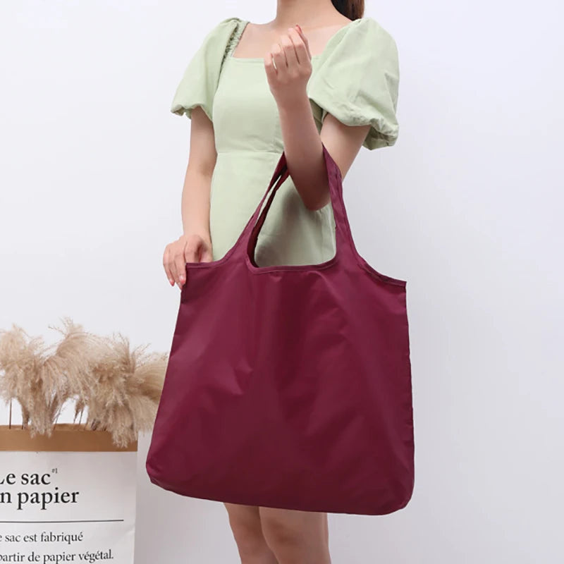 BIG Eco-Friendly Folding Shopping Bag Reusable Portable Shoulder Handbag for Travel Grocery simple solid color grocery bag Quick Pick Grocers