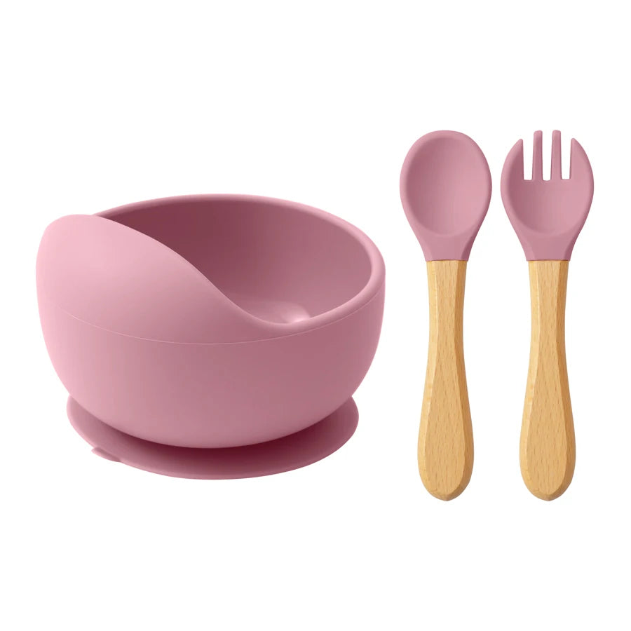 Mamaplan 3PCS Baby Silicone Feeding Set Toddler Suction Bowl Feeding Training Spoon Fork Baby Dishes Plate Baby Accessories Purest Peak