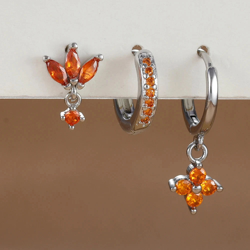 3PCS Fashion Orange Blue Zircon Hanging Earrings Set for Women Stainless Steel Flower Dangle Earring Piercing Jewelry Econic Blanks