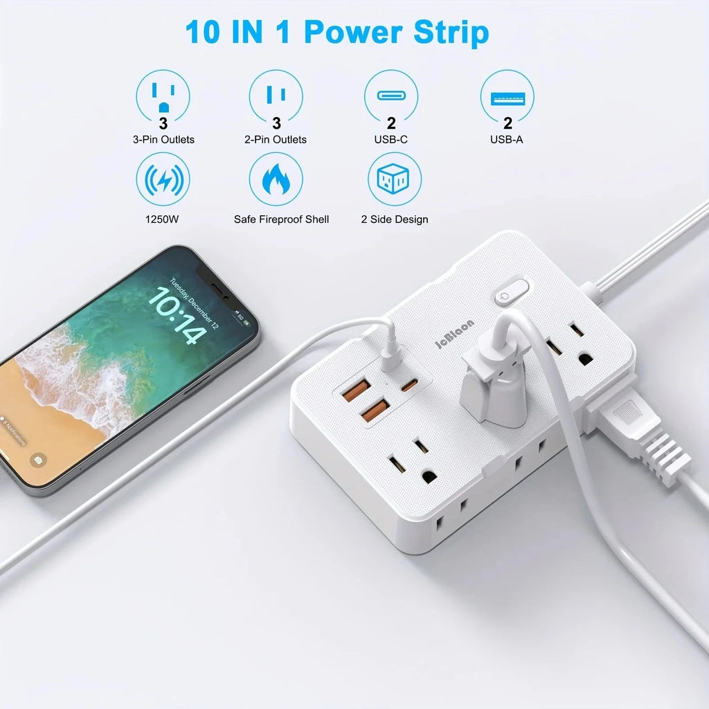 Surge Protector Ultra Thin Flat US Plug with 6 Widely Outlets 4 USB Ports,5ft Extender Cable,Power Strip Adapter for Home Office Econic Blanks
