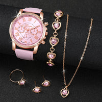 5/6PCS Fashion Women's Quartz Watch Leather Band Analog Wrist Watches Heart Rhinestone Jewelry Set(Without Box) Quick Pick Grocers