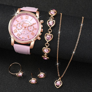 5/6PCS Fashion Women's Quartz Watch Leather Band Analog Wrist Watches Heart Rhinestone Jewelry Set(Without Box) Quick Pick Grocers