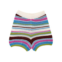 Women Patchwork Striped Hollow Out Crochet Knitted Crop Sweater Shorts Set Short Sleeve Polo Collar Sweater Knit Shorts Suit Y2K Quick Pick Grocers