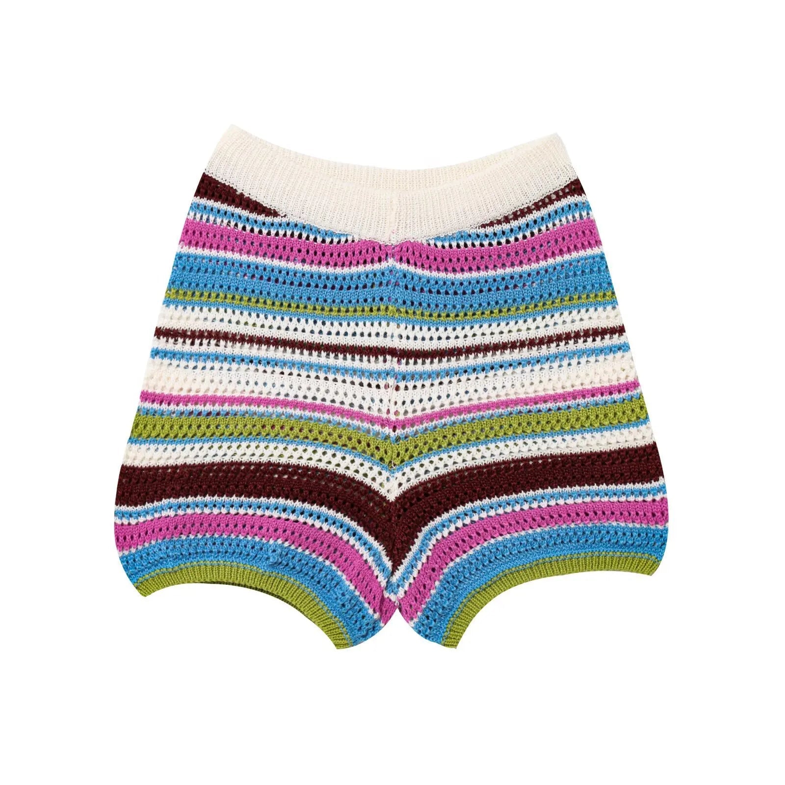 Women Patchwork Striped Hollow Out Crochet Knitted Crop Sweater Shorts Set Short Sleeve Polo Collar Sweater Knit Shorts Suit Y2K Quick Pick Grocers