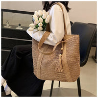 Elegant Ladies Straw Woven Handbag Women Holiday Beach Commute Casual Tote Top-Handle Bags Fashion Retro Shoulder Bags 2024 Quick Pick Grocers