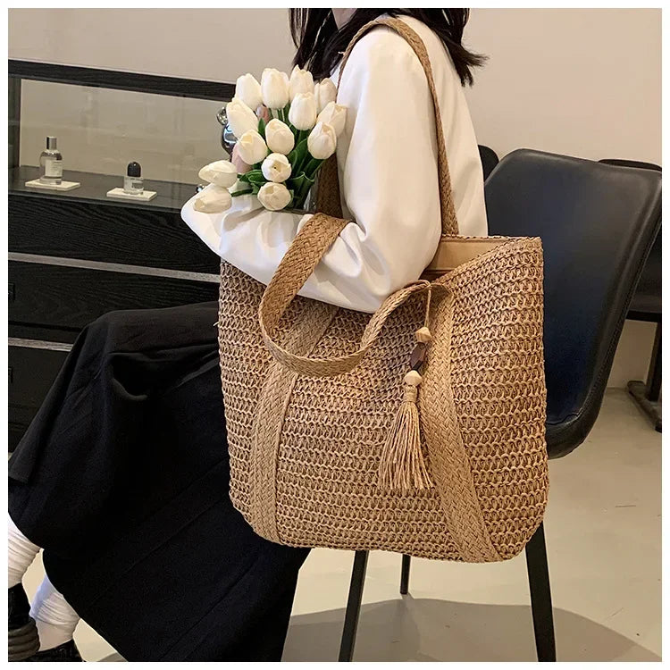 Elegant Ladies Straw Woven Handbag Women Holiday Beach Commute Casual Tote Top-Handle Bags Fashion Retro Shoulder Bags 2024 Quick Pick Grocers
