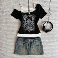 Women's 90s Vintage Punk T-Shirt Summer Streetwear Sexy Short Sleeve Gothic Slim Crop Top Hotgirl Casual Femme Tee Harajuku Y2k Quick Pick Grocers