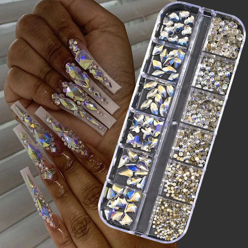 12Grids SS6-SS30 Mixed Nail Rhinestones Shiny Clear/Gold/Pink/Blue Diamond Flat-back Nail Gems Glass Stones Nails Decoration Econic Blanks