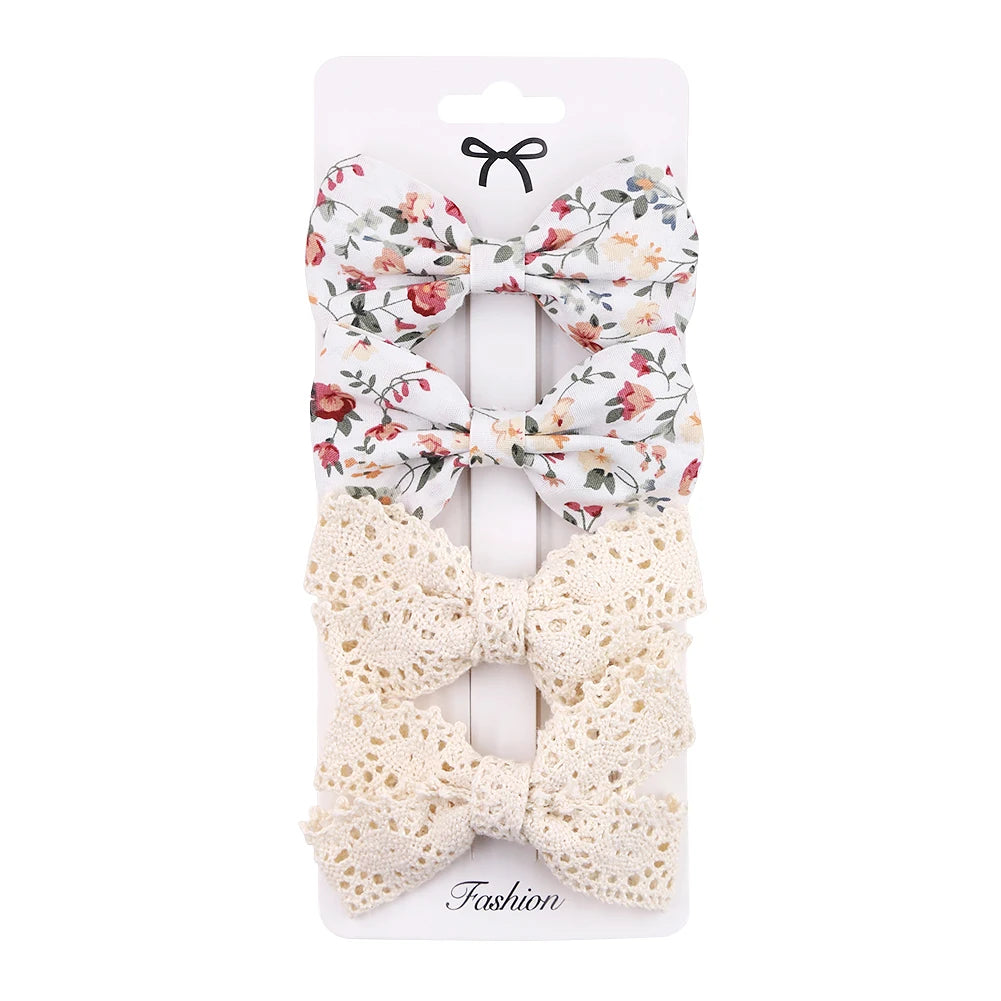 4Pcs/Set Baby Bows Hair Clips Muslin Girls Hairpins Hairclip For Kids Cotton Linen Barrette Flower Print Side Pin  Accessories Purest Peak
