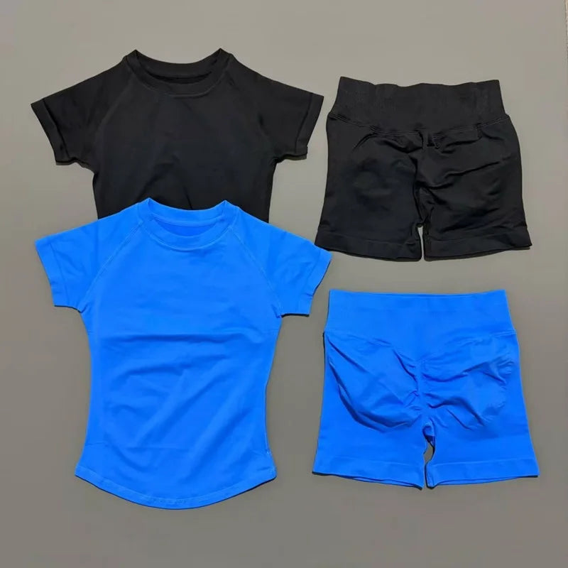 2 Pcs HISTELLO Sports Gym Sets Short Sleeve Seamless Yoga Clothing Fitness Set Women Workout Running Sports Short Leggings Suit Quick Pick Grocers