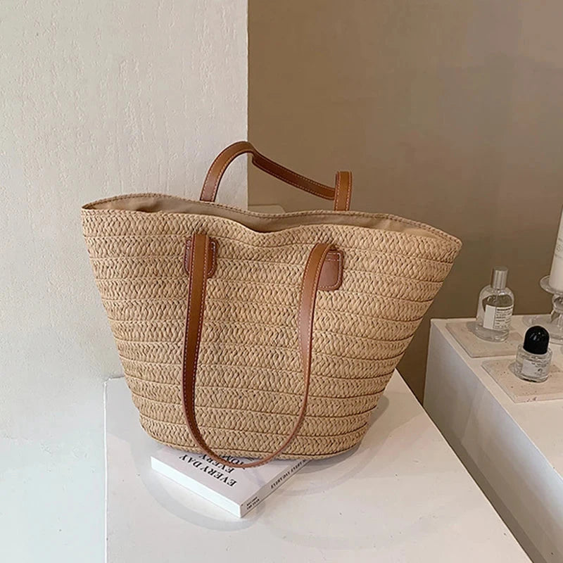 Women's Large Capacity Shoulder Bag Summer Straw Woven Basket Handbag Fashion Female Luxury Designer Beach Bag Bali Shopper Tote Econic Blanks