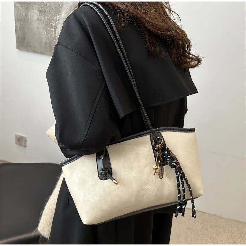 European American Retro Tote Bag, Korean Fashion Shoulder Bags Advanced Simple Handbag New Large Capacity Pendant Versatile Bags Quick Pick Grocers