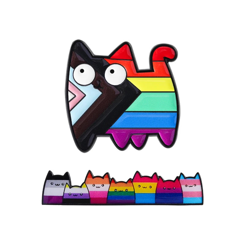 LGBT Pride Rainbow Striped Cat Brooch Enamel Pins Cute Cartoon Big Eye Kitten Brooch Lapel Badge Animal Jewelry Gift for Friends Quick Pick Grocers