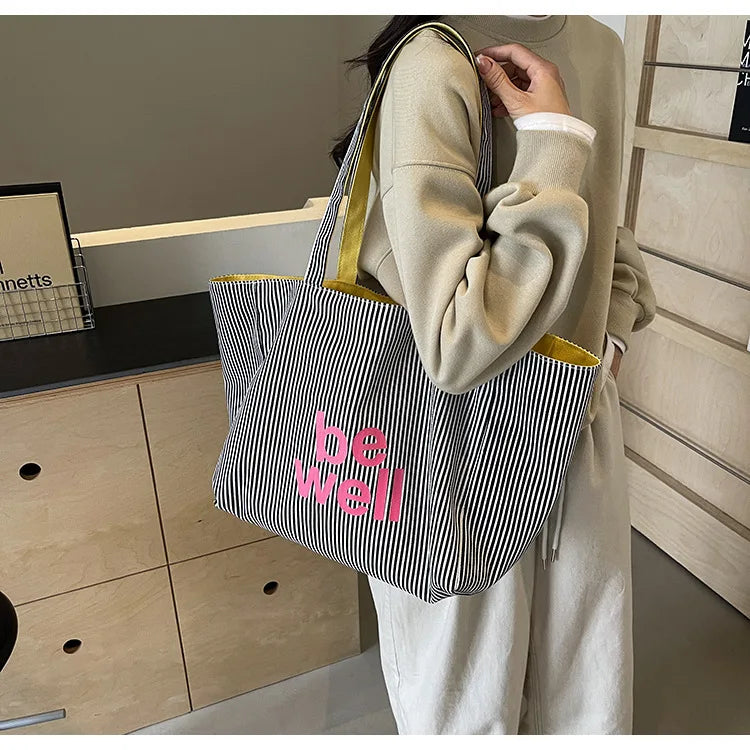 Casual Large Stripe Women's Shoulder Bag 2025 New Fashion Commuter Tote Bag High Capaci Canvas Handbag for Youth bolso mujer Quick Pick Grocers
