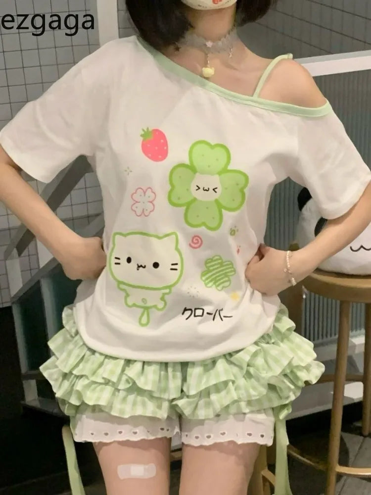 Ezgaga Harajuku T Shirts Women Cartoon Sweet Diagonal Collar Short Sleeve Off Shoulder Funny Tops Female Y2k Ladies Tshirts Quick Pick Grocers