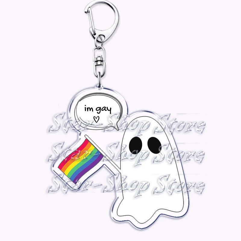 Cute Lgbt Halloween Keychain for Accessories Bag Gay Pride Lgbtq Spooky Ghost Lesbian Keyring Jewelry Rainbow Fans Friends Gifts Quick Pick Grocers