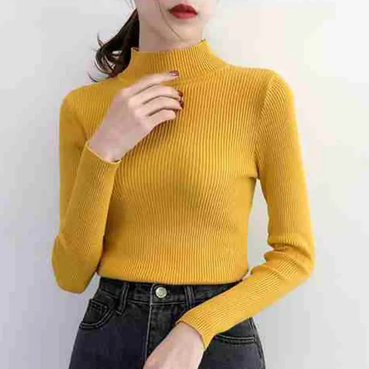 Autumn Winter Mock Neck Women Sweater Vintage Basic Solid Knitted Tops Casual Slim Pullover Korean Sweaters Simple Chic Jumpers Quick Pick Grocers