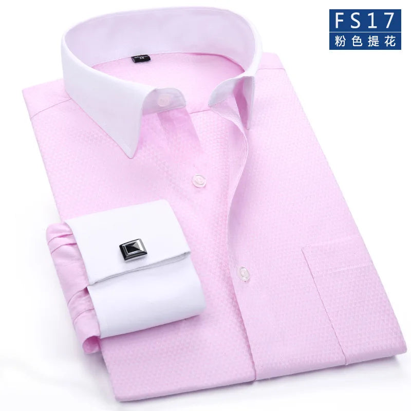 Men's Classic French Cuffs Social Dress Shirt Formal Business Standard-fit Long Sleeve Wedding Party Office Work White Shirts Quick Pick Grocers