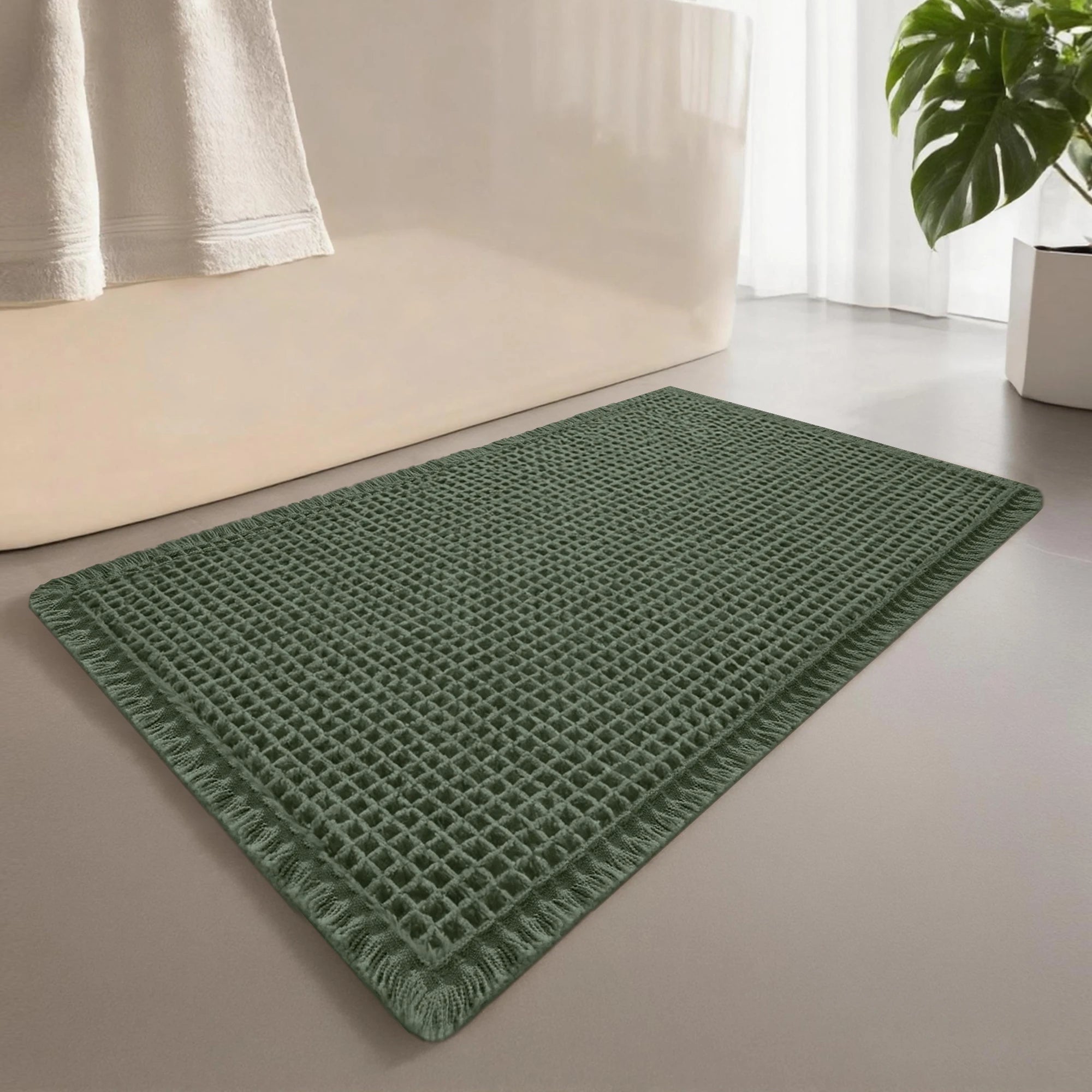Waffle Bathroom Rugs Soft Non Slip Machine Washable Super Absorbent Bath Mats with Tassels for Bathroom Floor Tub Beside Decor Quick Pick Grocers