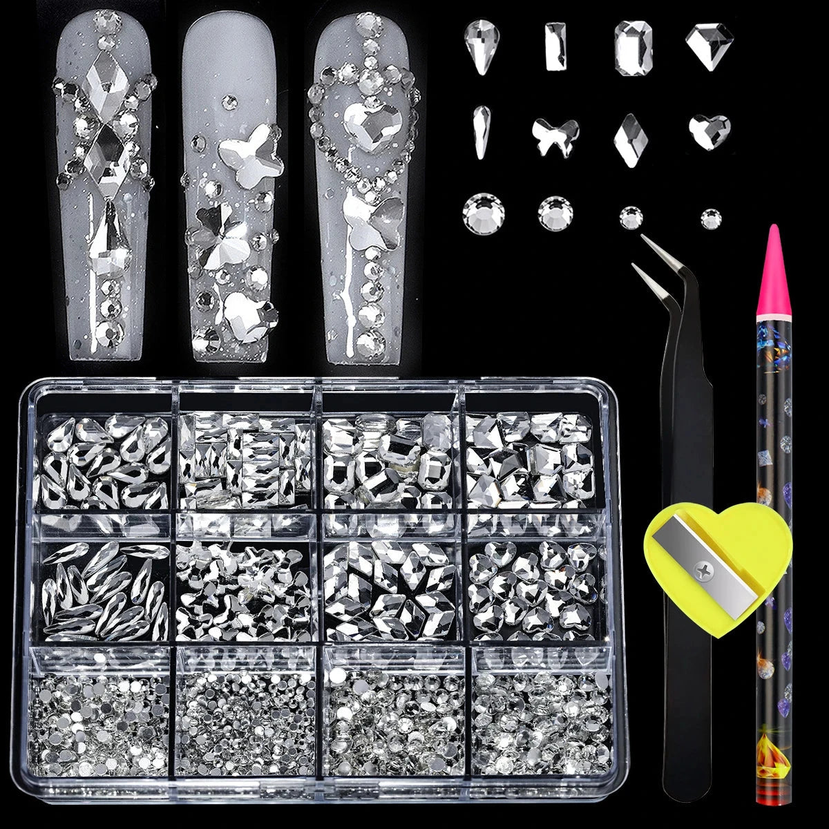 12 Grid Diamond Jewelry Set for Nail Art Decorations Nail Ab Flat Bottom Drill Nail Art Luxe Nail Shaped Diamond Illusion Color Econic Blanks