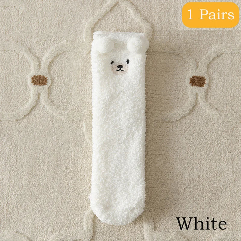 2 Pairs Cute Socks Bear Women Coral Velvet Thick Plush Warm Socks Sleep Fluffy Socks Cute Cartoon Lovely Floor Fuzzy Sock Winter Purest Peak